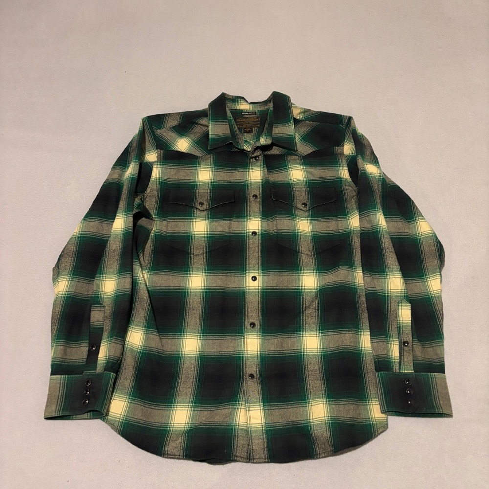 Filson Mens XL Western Trim Fit Plaid Flannel Snap Front Shirt Green Cream